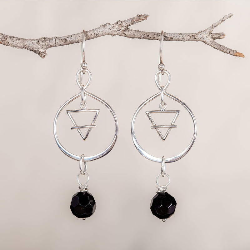I Am Protected, Black Obsidian Crystal and Silver Earrings