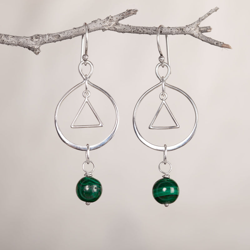 I Am Shielded, Malachite Crystal and Silver Earrings